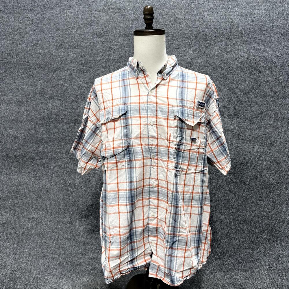 Columbia Shirt Mens XL White Plaid Short Sleeve Fishing Button-Up PFG Casual Top